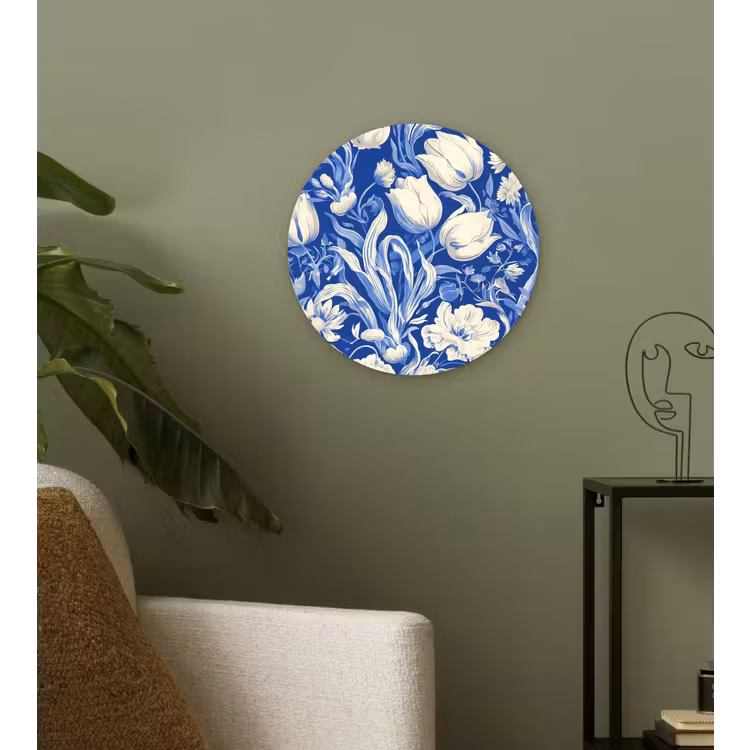 Bloemen - Delfts Blauw - Patroon - Tulp Wandcirkel kunststof plaat 5mm dik klein -sfeer3