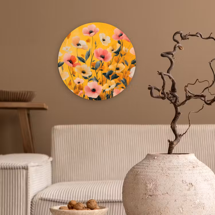 Bloemen - Veld - Geel Wandcirkel kunststof plaat 5mm dik klein -sfeer1