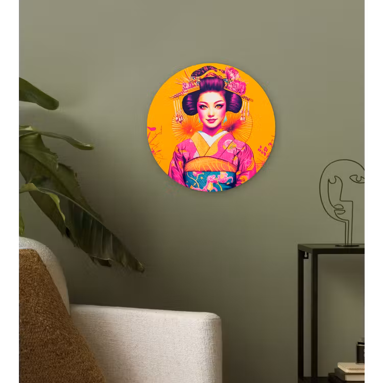 Bloemen - Vrouw - Kimono - Roze Wandcirkel kunststof plaat 5mm dik klein -sfeer3