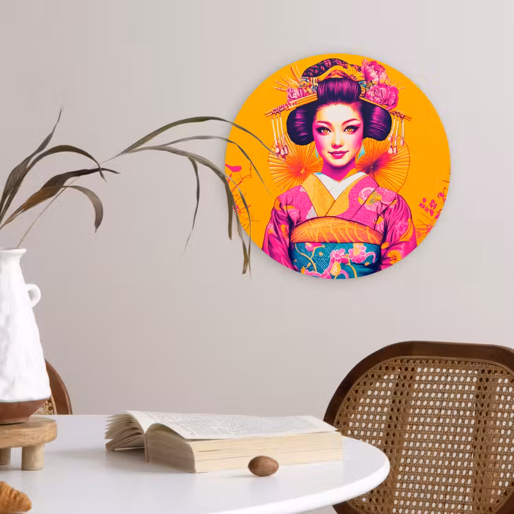 Bloemen - Vrouw - Kimono - Roze Wandcirkel kunststof plaat 5mm dik klein -sfeer4