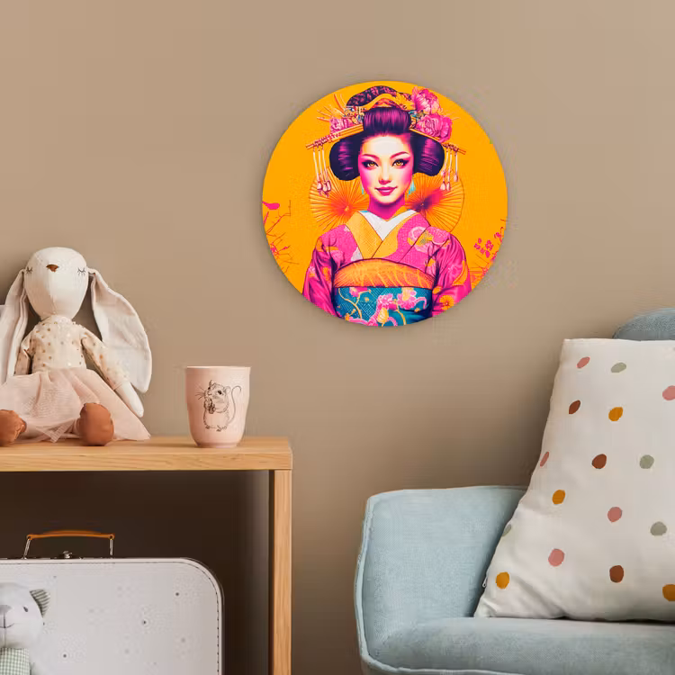 Bloemen - Vrouw - Kimono - Roze Wandcirkel kunststof plaat 5mm dik klein -tsfeer1_kind