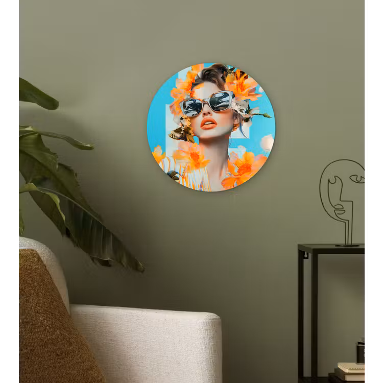 Bloemen - Vrouw - Zonnebril - Blauw Wandcirkel kunststof plaat 5mm dik klein -sfeer3