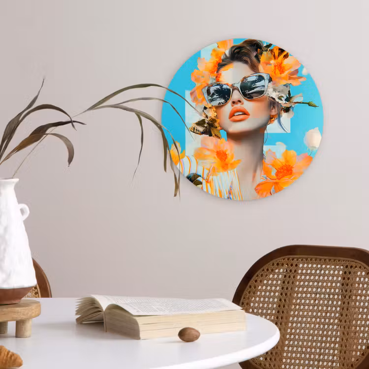 Bloemen - Vrouw - Zonnebril - Blauw Wandcirkel kunststof plaat 5mm dik klein -sfeer4
