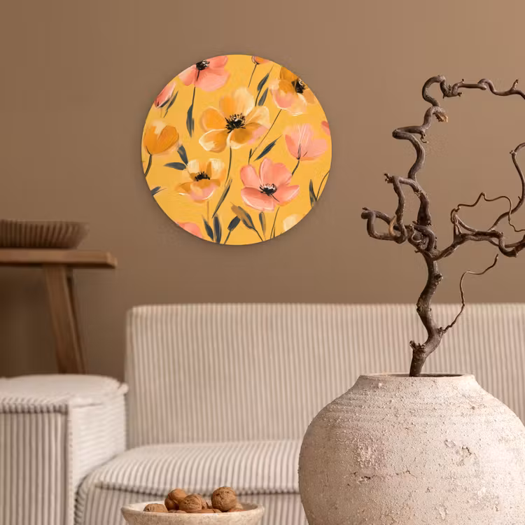 Bloemen - Geschilderd - Geel Wandcirkel kunststof plaat 5mm dik klein -sfeer1