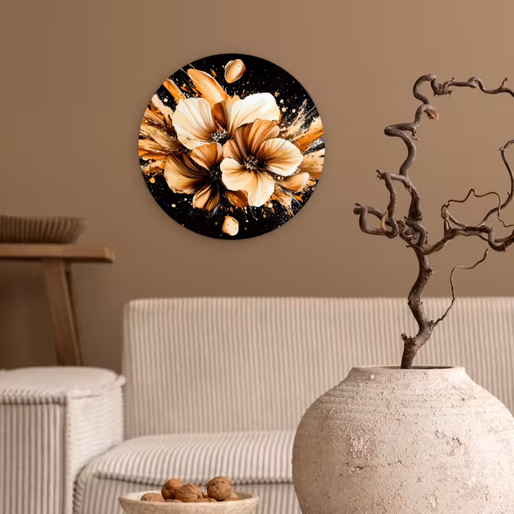 Bloemen - Goud - Graffiti - Zwart - Abstract Wandcirkel kunststof plaat 5mm dik klein -sfeer1