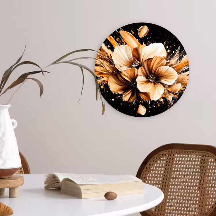 Bloemen - Goud - Graffiti - Zwart - Abstract Wandcirkel kunststof plaat 5mm dik klein -sfeer4