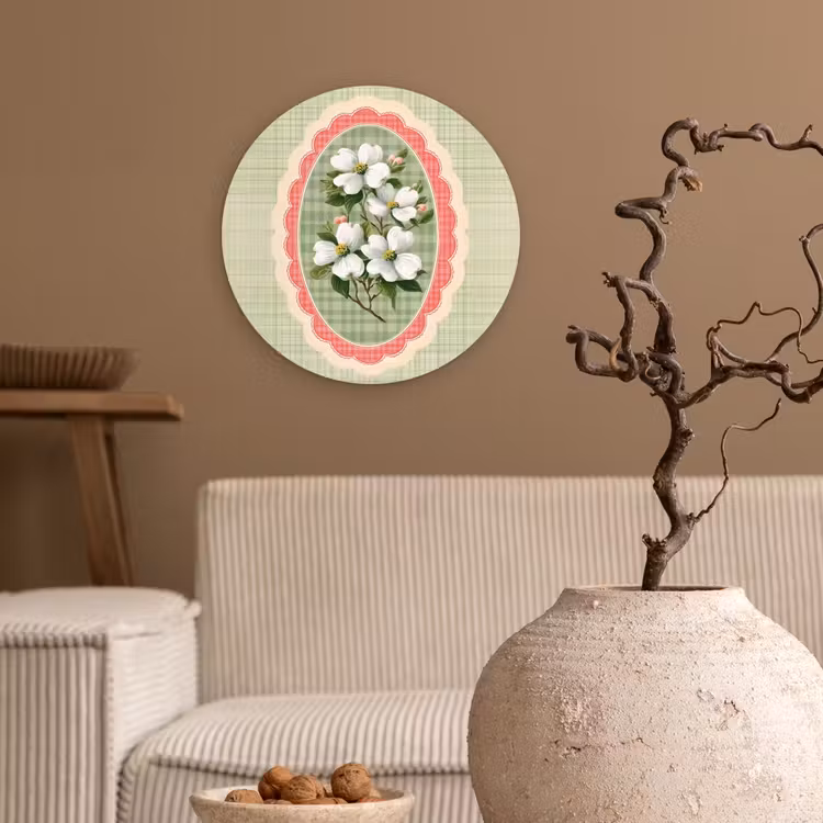 Bloemen - Illustratie - Geruit - Groen Wandcirkel kunststof plaat 5mm dik klein -sfeer1