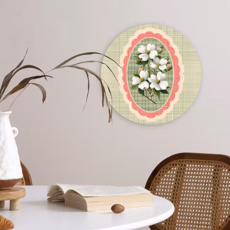 Bloemen - Illustratie - Geruit - Groen Wandcirkel kunststof plaat 5mm dik klein -sfeer4