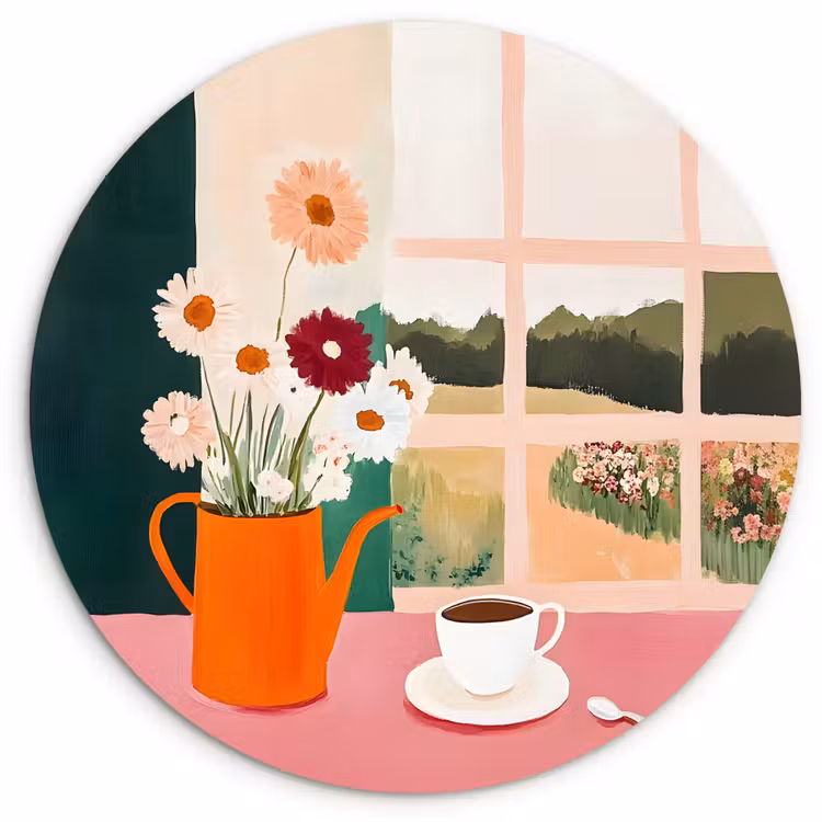 Bloemen - Koffie - Raam Wandcirkel kunststof plaat 5mm dik klein -3d