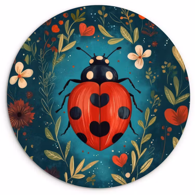 Bloemen - Lieveheersbeestje - Hartje - Rood Wandcirkel kunststof plaat 5mm dik klein -3d