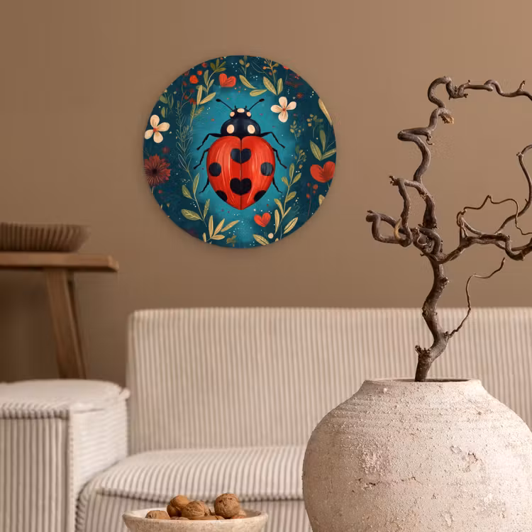 Bloemen - Lieveheersbeestje - Hartje - Rood Wandcirkel kunststof plaat 5mm dik klein -sfeer1