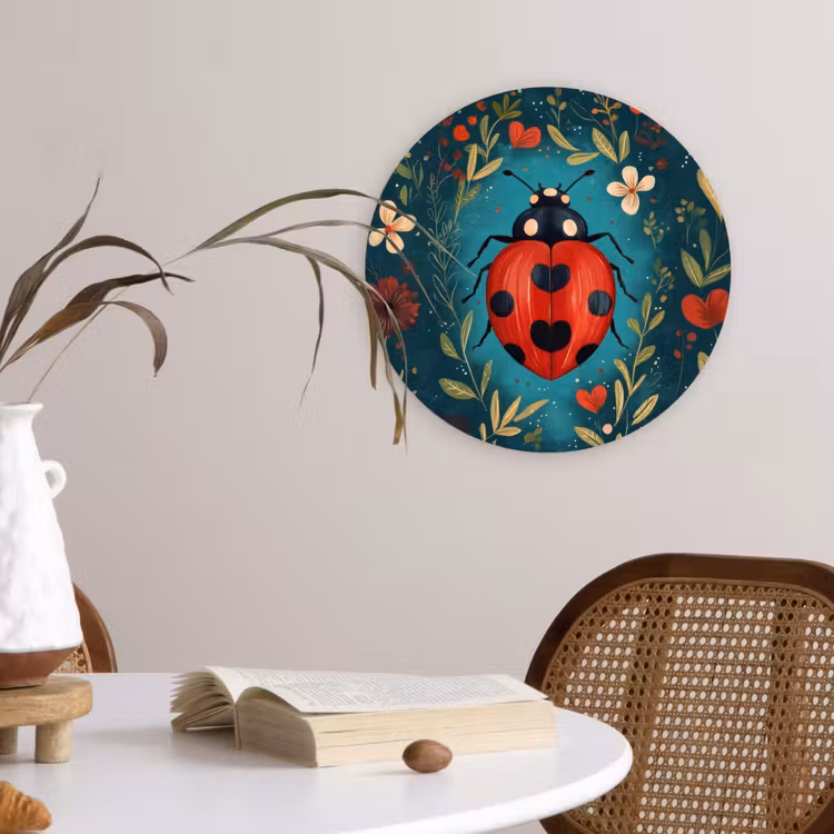 Bloemen - Lieveheersbeestje - Hartje - Rood Wandcirkel kunststof plaat 5mm dik klein -sfeer4
