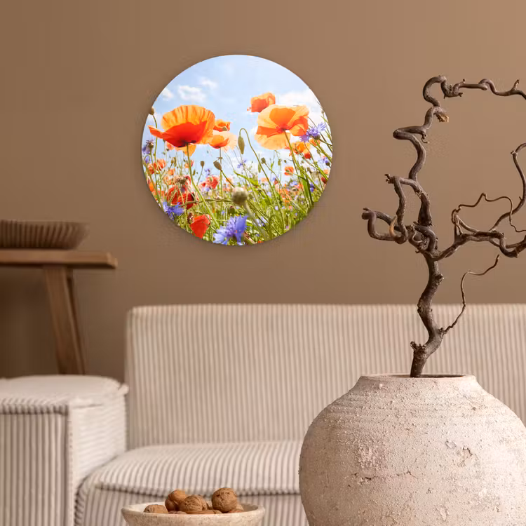 Bloemen - Klaproos - Lente - Natuur - Rood - Blauw Wandcirkel kunststof plaat 5mm dik klein -sfeer1