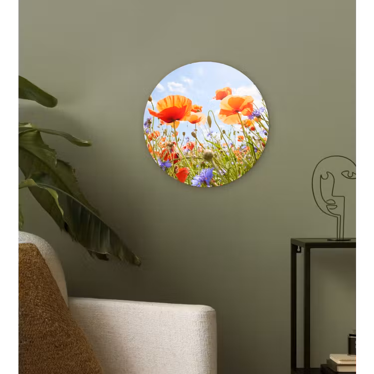 Bloemen - Klaproos - Lente - Natuur - Rood - Blauw Wandcirkel kunststof plaat 5mm dik klein -sfeer3