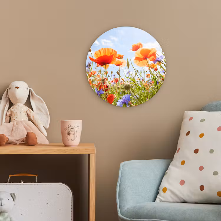 Bloemen - Klaproos - Lente - Natuur - Rood - Blauw Wandcirkel kunststof plaat 5mm dik klein -tsfeer1_kind