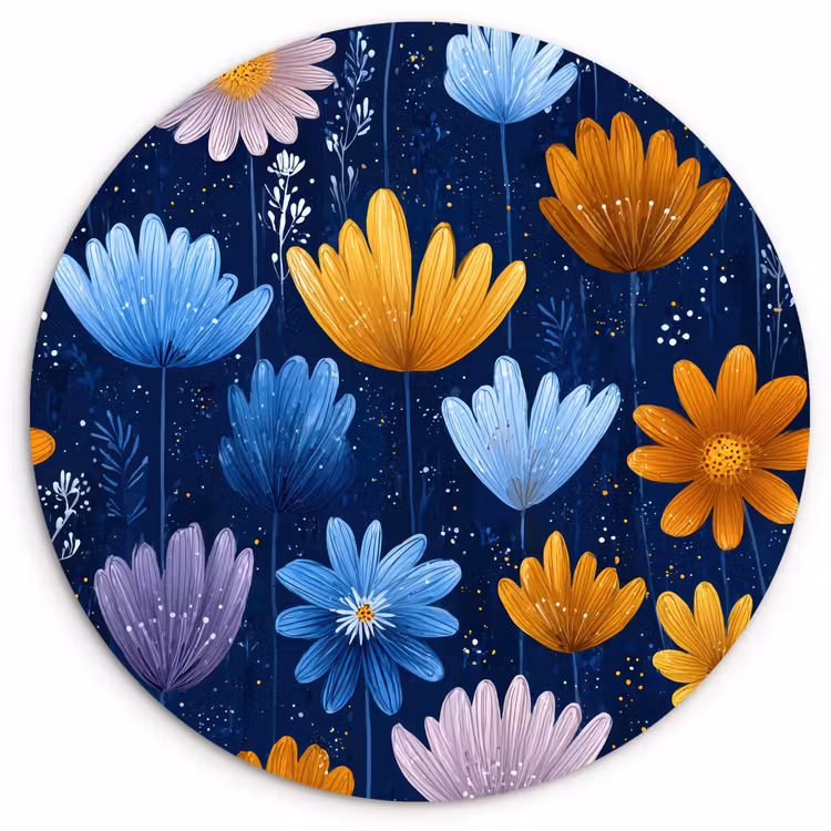 Bloemen - Patroon - Blauw - Contrast Wandcirkel kunststof plaat 5mm dik klein -3d