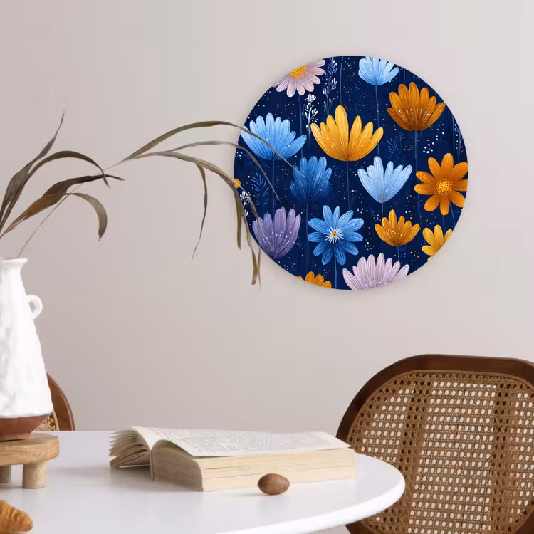 Bloemen - Patroon - Blauw - Contrast Wandcirkel kunststof plaat 5mm dik klein -sfeer4