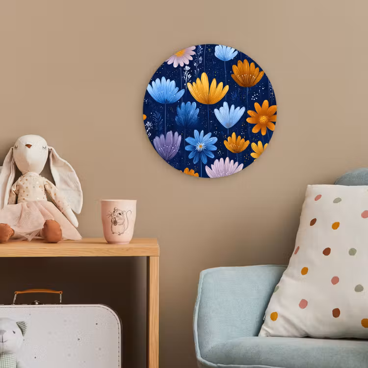 Bloemen - Patroon - Blauw - Contrast Wandcirkel kunststof plaat 5mm dik klein -tsfeer1_kind