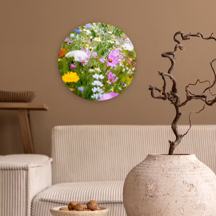 Bloemen - Natuur - Groen - Gras - Paars - Wit Wandcirkel kunststof plaat 5mm dik klein -sfeer1