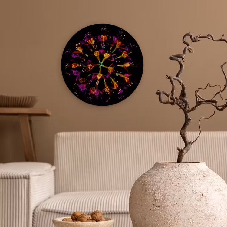 Bloemen - Oranje - Roze - Zwart Wandcirkel kunststof plaat 5mm dik klein -sfeer1