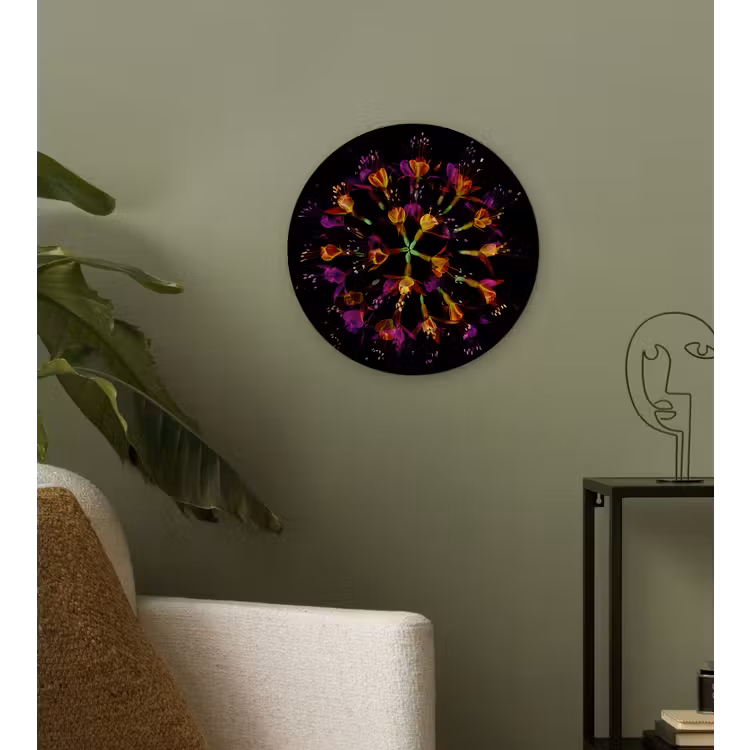 Bloemen - Oranje - Roze - Zwart Wandcirkel kunststof plaat 5mm dik klein -sfeer3