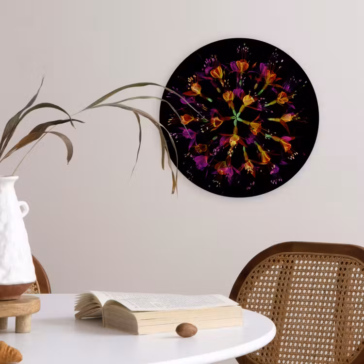 Bloemen - Oranje - Roze - Zwart Wandcirkel kunststof plaat 5mm dik klein -sfeer4