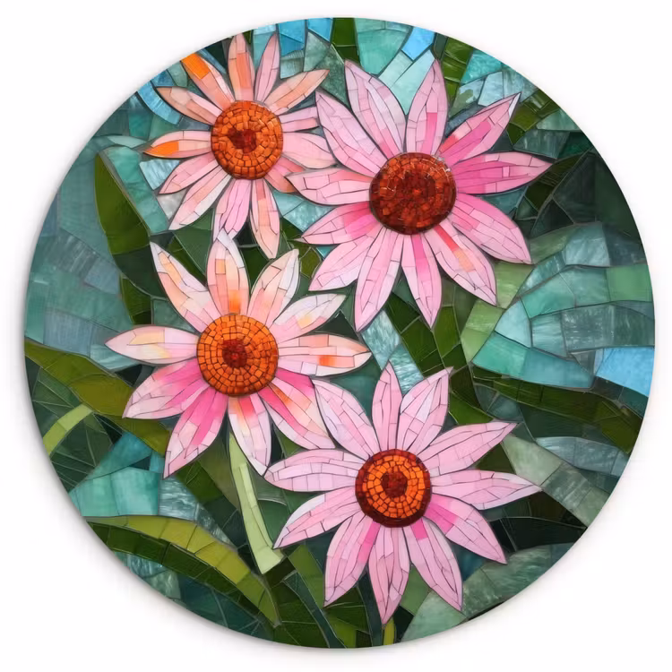 Bloemen - Roze - Glasmozaïek Wandcirkel kunststof plaat 5mm dik klein -3d