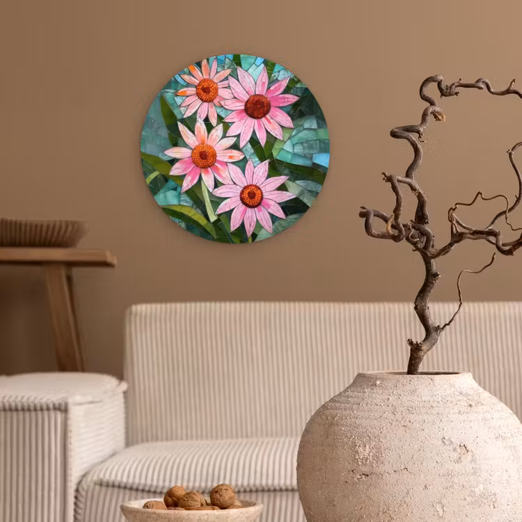 Bloemen - Roze - Glasmozaïek Wandcirkel kunststof plaat 5mm dik klein -sfeer1