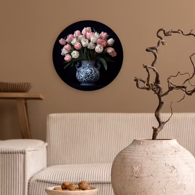 Bloemen - Roze - Tulpen - Vaas Wandcirkel kunststof plaat 5mm dik klein -sfeer1