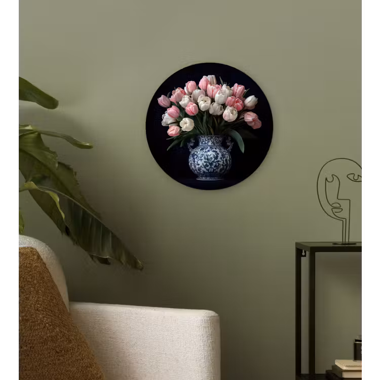 Bloemen - Roze - Tulpen - Vaas Wandcirkel kunststof plaat 5mm dik klein -sfeer3