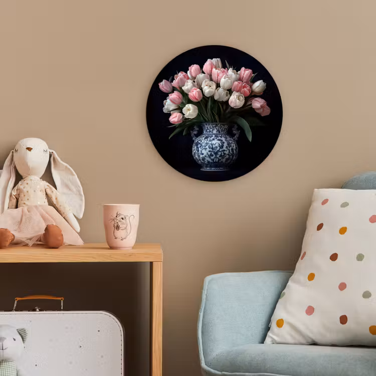 Bloemen - Roze - Tulpen - Vaas Wandcirkel kunststof plaat 5mm dik klein -tsfeer1_kind