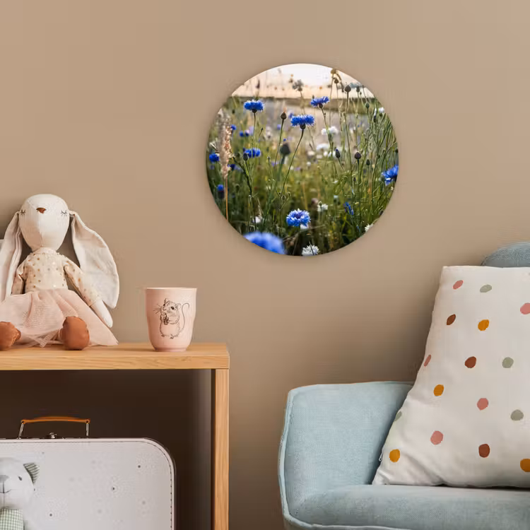 Bloemen - Zomer - Korenbloem - Blauw - Zon - Wolken Wandcirkel kunststof plaat 5mm dik klein -tsfeer1_kind