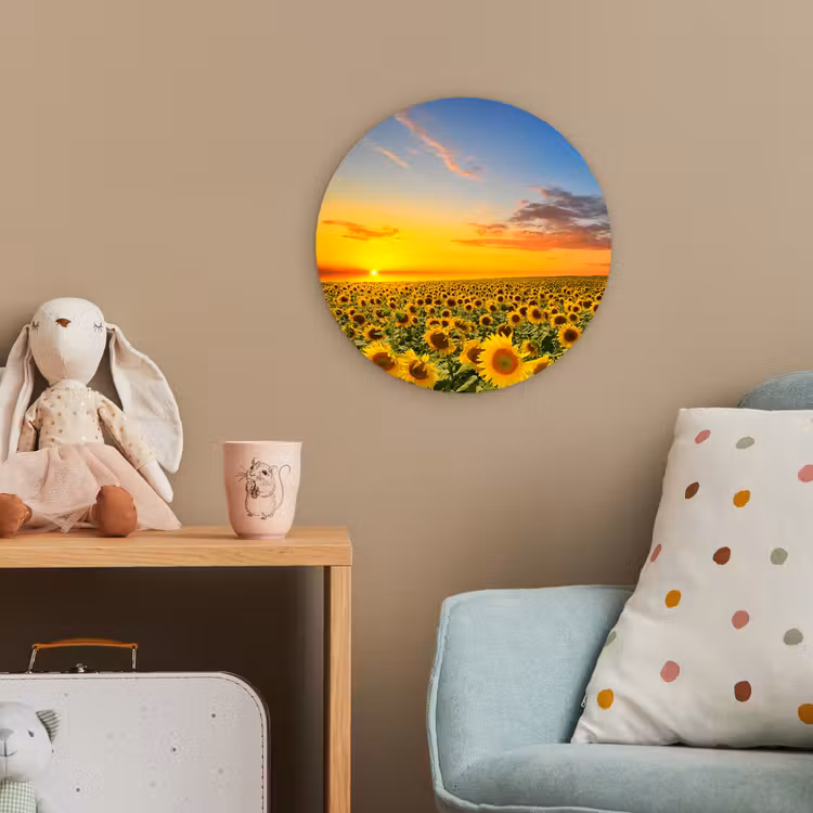 Bloemen - Zonnebloem - Zonsondergang - Nacht - Oranje Wandcirkel kunststof plaat 5mm dik klein -tsfeer1_kind