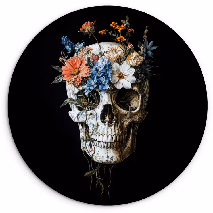 Bloemen - Schedel - Kleurrijk Wandcirkel kunststof plaat 5mm dik klein -3d