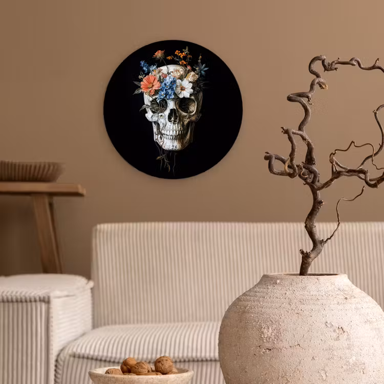 Bloemen - Schedel - Kleurrijk Wandcirkel kunststof plaat 5mm dik klein -sfeer1