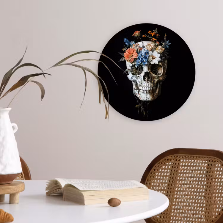 Bloemen - Schedel - Kleurrijk Wandcirkel kunststof plaat 5mm dik klein -sfeer4
