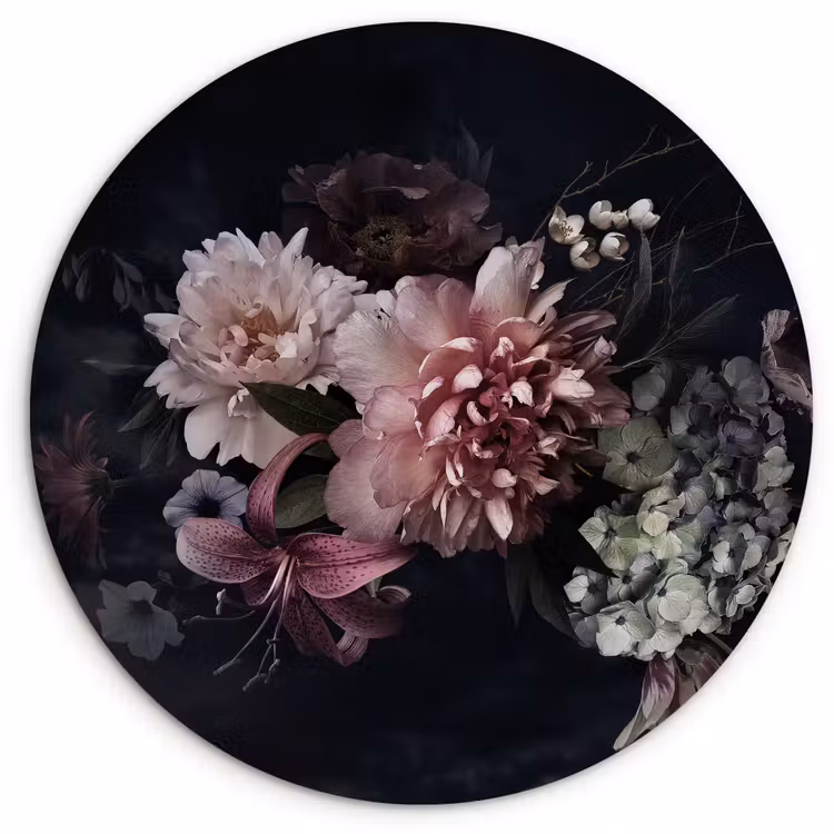 Bloemen - Vintage - Pastel - Zwart - Boeket Wandcirkel kunststof plaat 5mm dik klein -3d