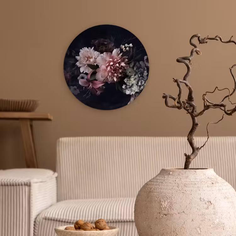 Bloemen - Vintage - Pastel - Zwart - Boeket Wandcirkel kunststof plaat 5mm dik klein -sfeer1