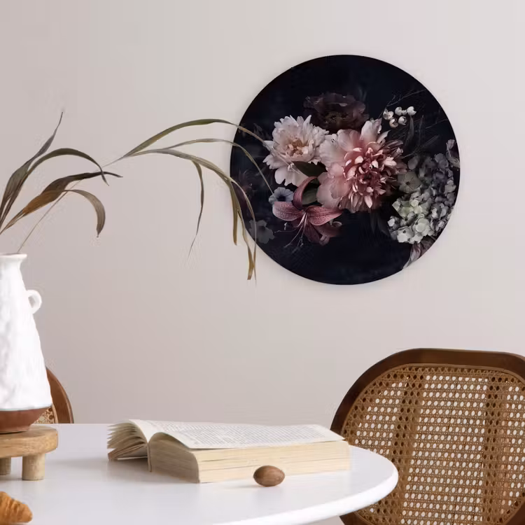 Bloemen - Vintage - Pastel - Zwart - Boeket Wandcirkel kunststof plaat 5mm dik klein -sfeer4