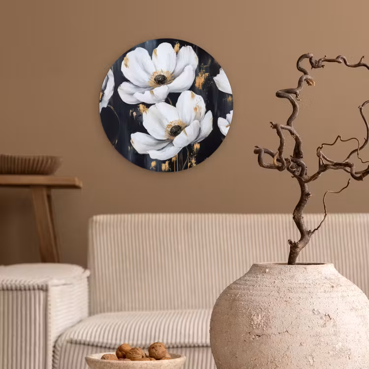 Bloemen - Wit - Abstract Wandcirkel kunststof plaat 5mm dik klein -sfeer1