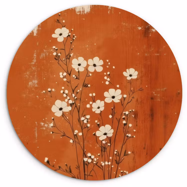 Bloemen - Wit - Subtiel - Roestkleur Wandcirkel kunststof plaat 5mm dik klein -3d