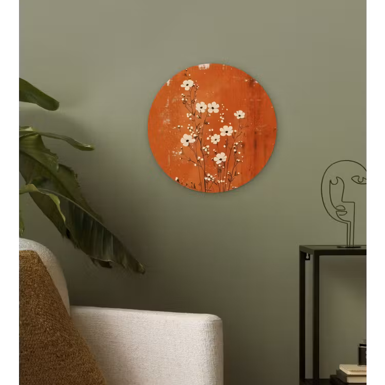 Bloemen - Wit - Subtiel - Roestkleur Wandcirkel kunststof plaat 5mm dik klein -sfeer3