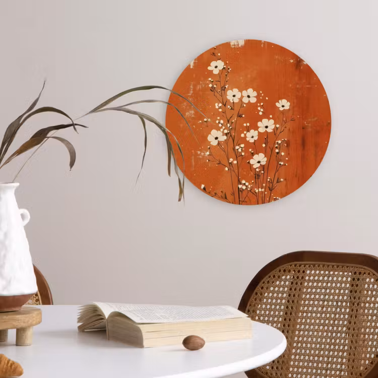 Bloemen - Wit - Subtiel - Roestkleur Wandcirkel kunststof plaat 5mm dik klein -sfeer4