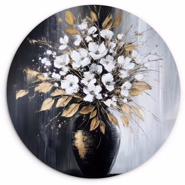 Bloemen - Wit - Vaas - Abstract Wandcirkel kunststof plaat 5mm dik klein -3d