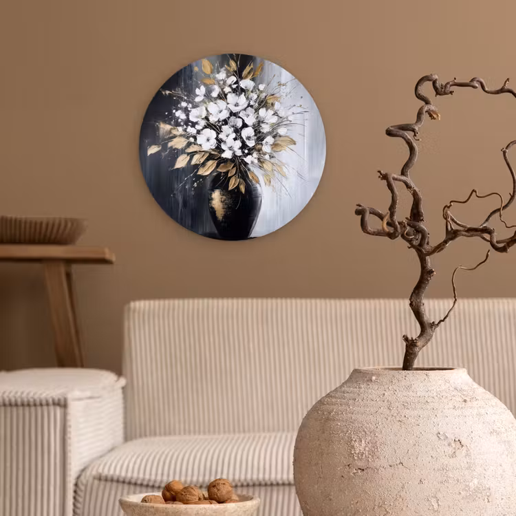 Bloemen - Wit - Vaas - Abstract Wandcirkel kunststof plaat 5mm dik klein -sfeer1