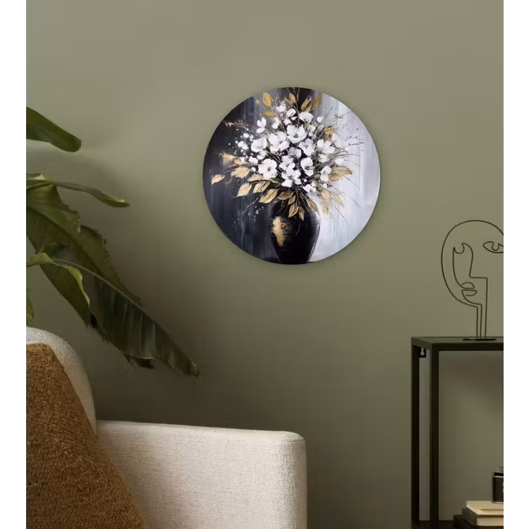 Bloemen - Wit - Vaas - Abstract Wandcirkel kunststof plaat 5mm dik klein -sfeer3