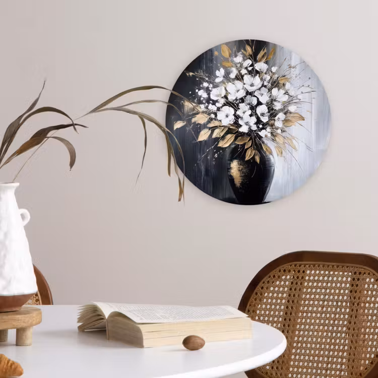 Bloemen - Wit - Vaas - Abstract Wandcirkel kunststof plaat 5mm dik klein -sfeer4