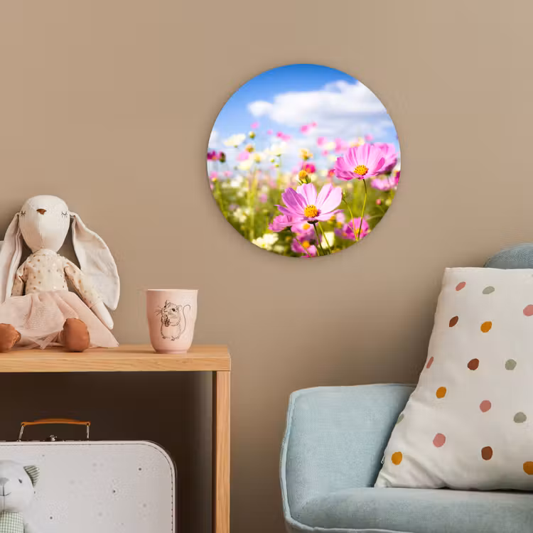 Bloemen - Wei - Paars - Gras - Wit - Wolken - Blauw Wandcirkel kunststof plaat 5mm dik klein -tsfeer1_kind
