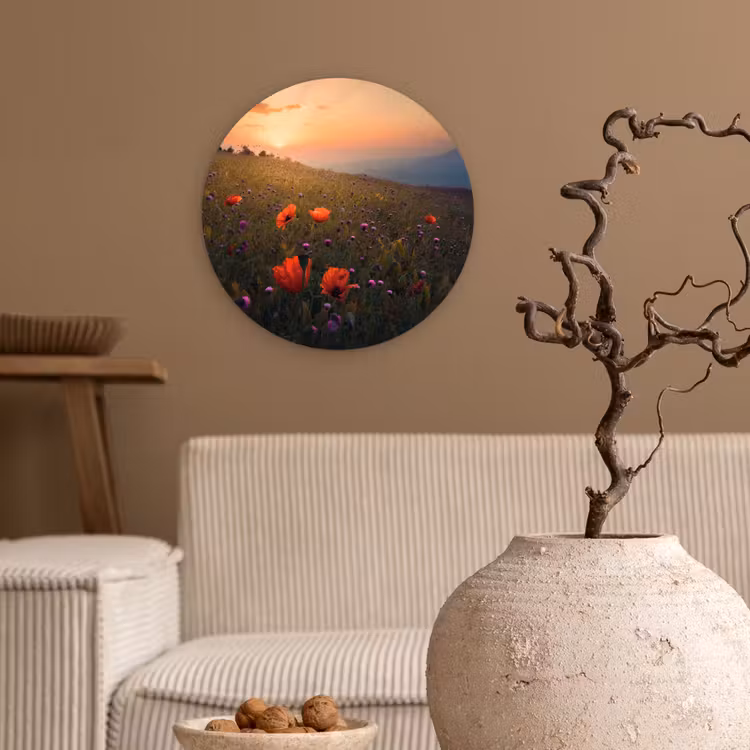 Bloemenveld - Gras - Bloemen - Planten - Zonsondergang - Oranje Wandcirkel kunststof plaat 5mm dik klein -sfeer1