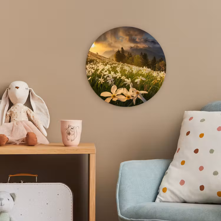 Bloemenveld - Heuvels - Zonsondergang - Berg - Natuur - Wit - Heuvels Wandcirkel kunststof plaat 5mm dik klein -tsfeer1_kind